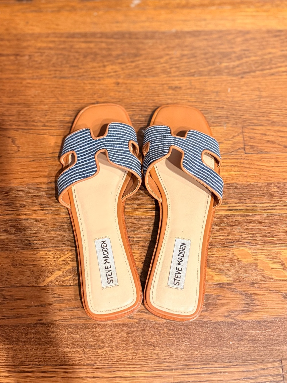 Steve Madden Tan Slide Sandals with Blue Striped Upper